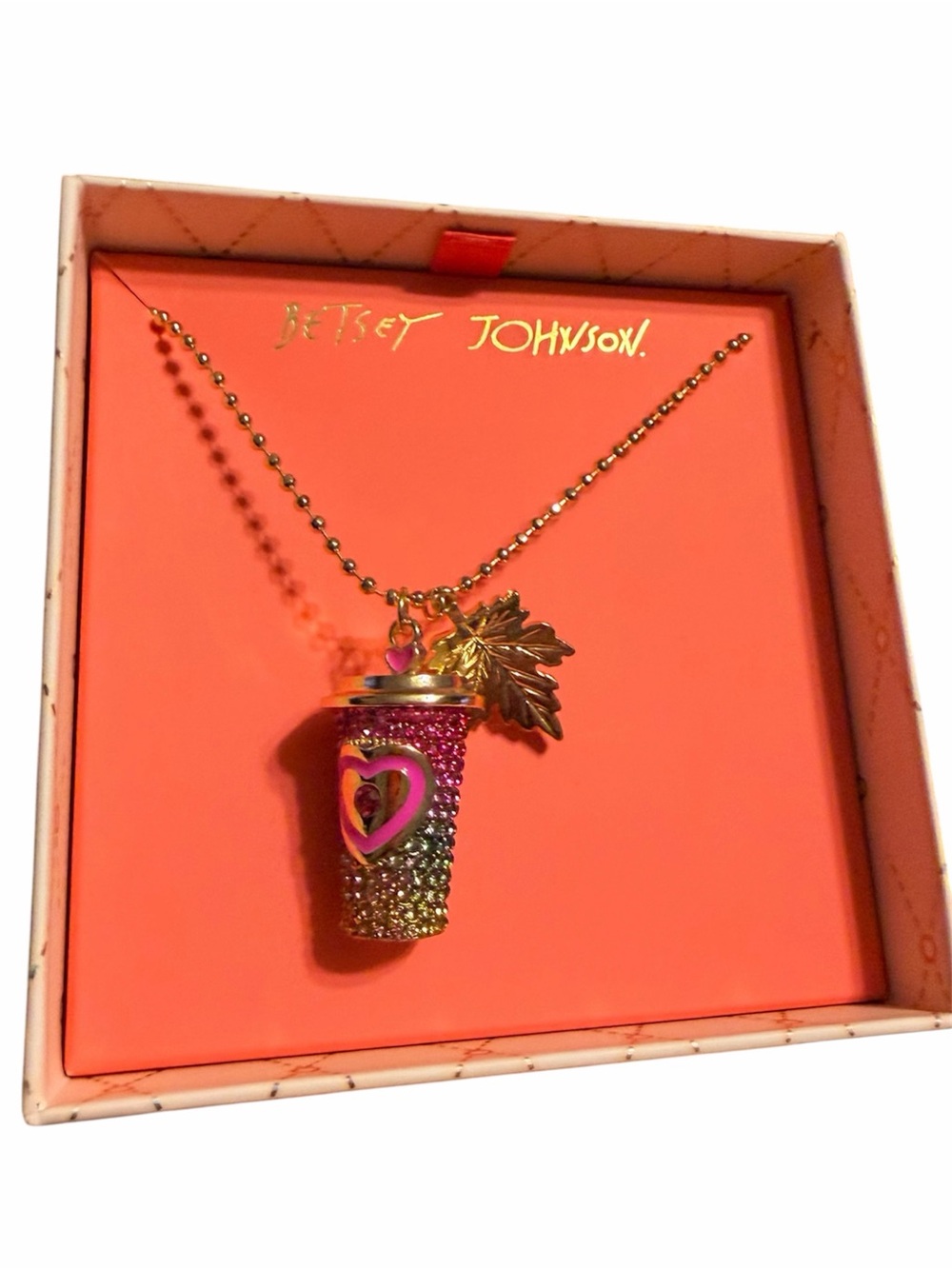 Betsey Johnson Gold-Tone Pink Multicolor Rhinestone Latte Necklace